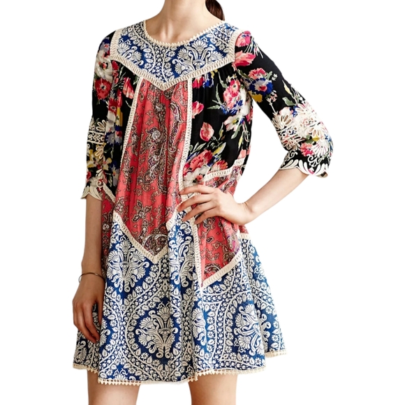 Anthropologie Dresses & Skirts - Anthropologie VanessaVirginia Inez Swing Dress Mixed Print Mini Bohemian Women 2
